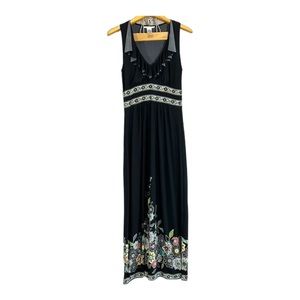 London Times Black Floral Ruffle Neckline Maxi Dress Size 6